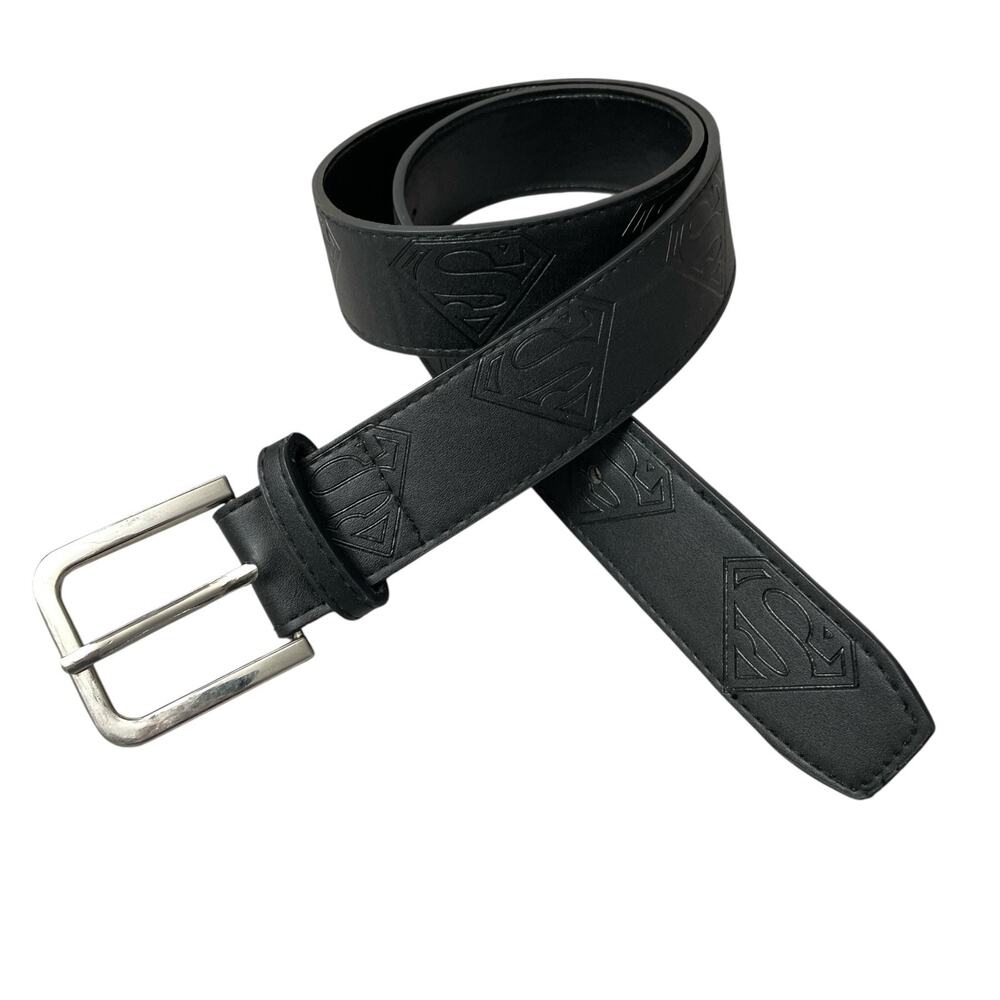 Buckle Down Superman Belt Mens 30 Black Silver Vegan Leather Silver Buckle Logo